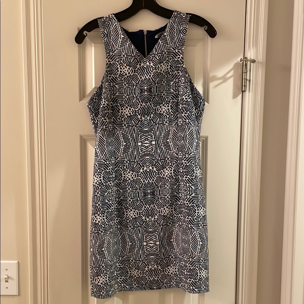 Cream and Blue V-Neck Sheath Mini Dress